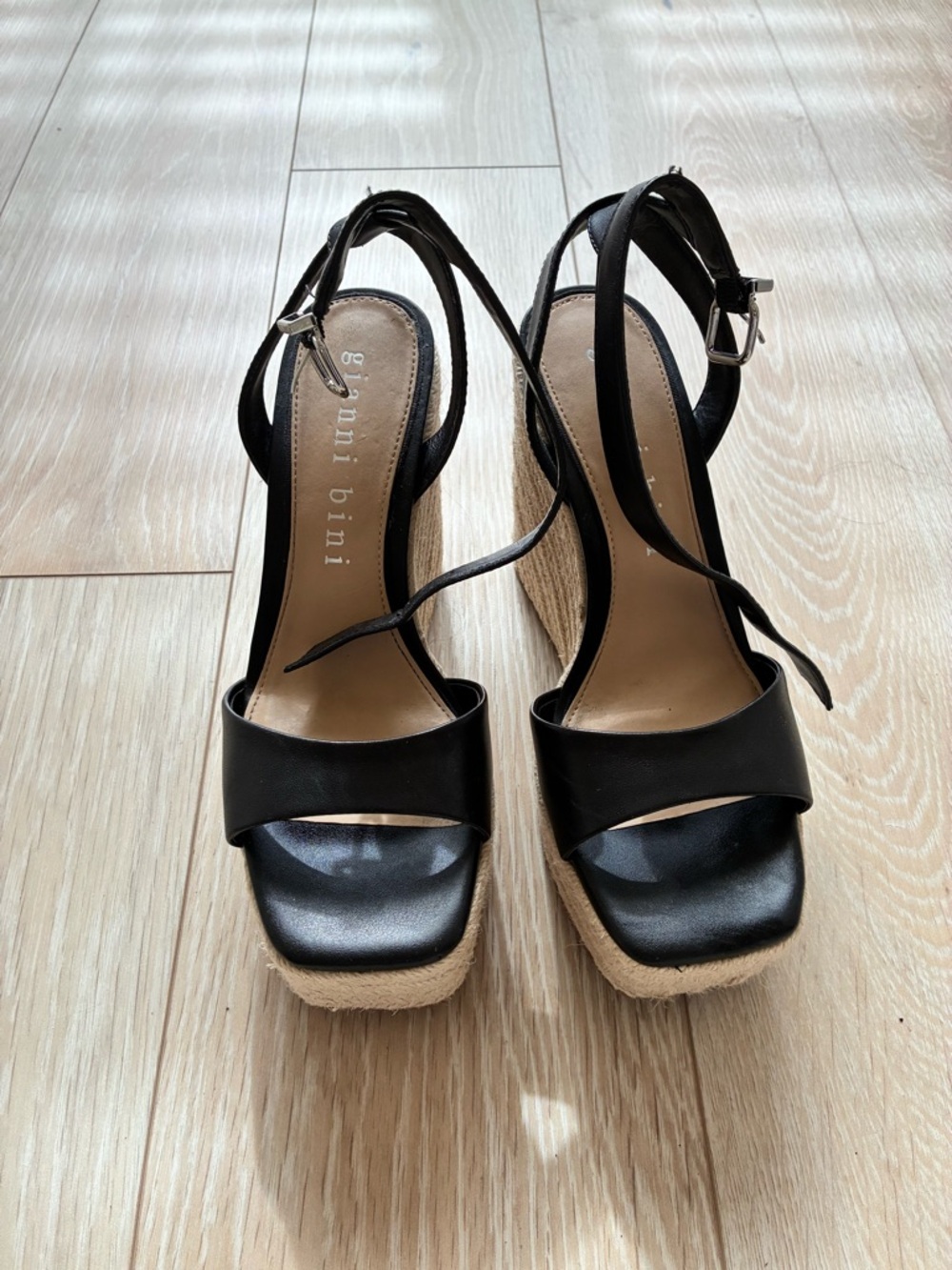 Gianni Bini Black Leather Espadrille Wedge Sandals with Ankle Strap